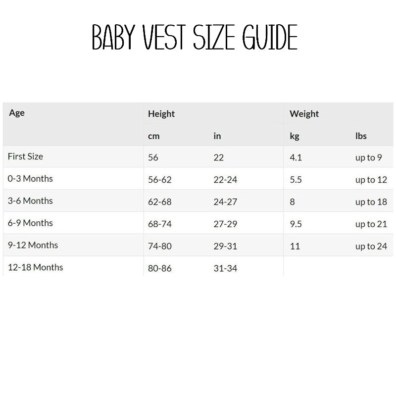 Personalised Baby Boy Outfit includes a bib, vest, and grow. Size guide for baby vest with age, height, and weight details.