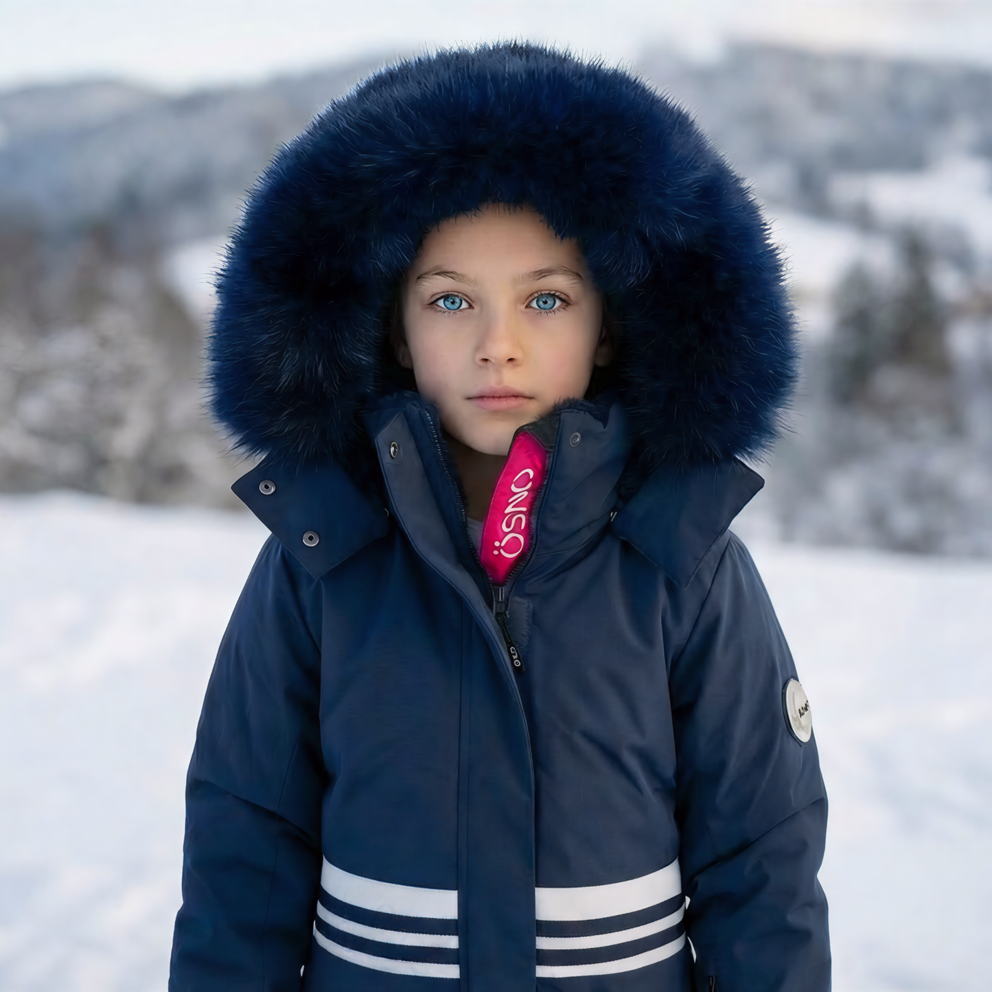 Karina's Luxury Snowsuit features a navy jacket with a fur-lined hood, paired with matching snowpants, perfect for winter.