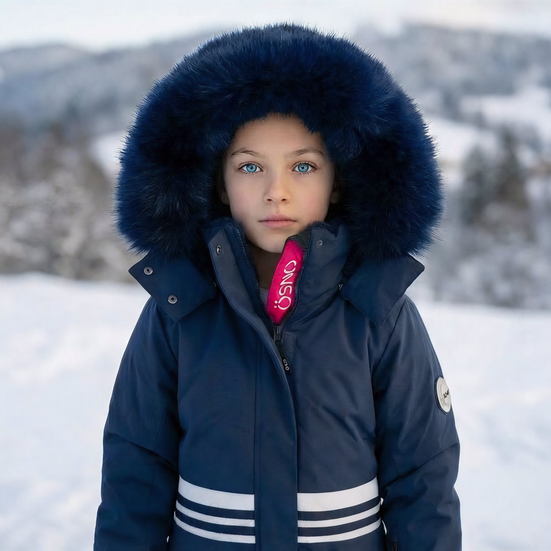 Karina's Luxury Snowsuit features a navy jacket with a fur-lined hood, paired with matching snowpants, perfect for winter.