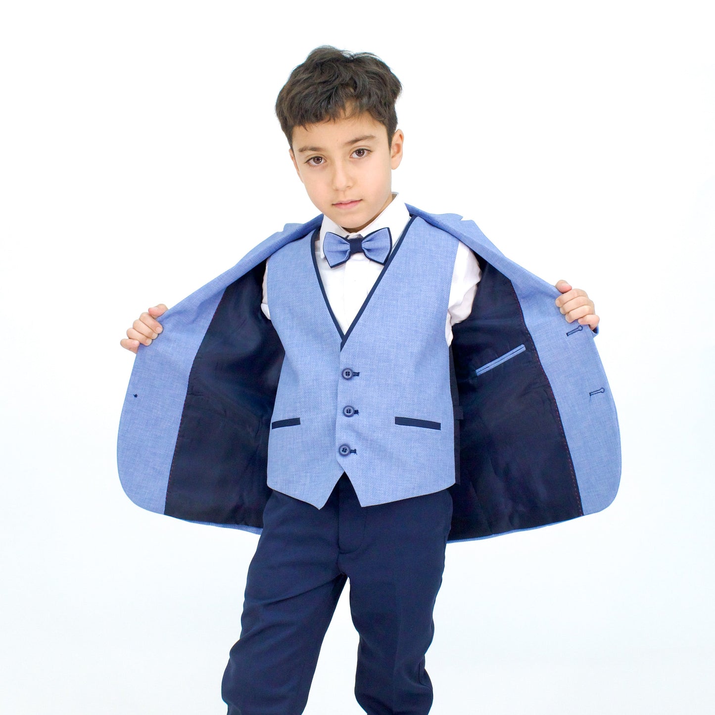 Captain Stylish Formal Boys Suit featuring a light blue vest and bow tie, with a dark blue pant and an open jacket.