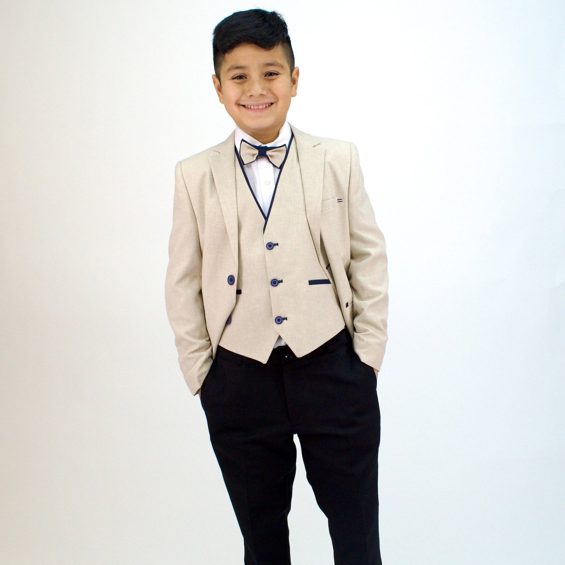 Captain Stylish Formal Boys Suit featuring a light beige blazer with a vest and black trousers, complemented by a bow tie.