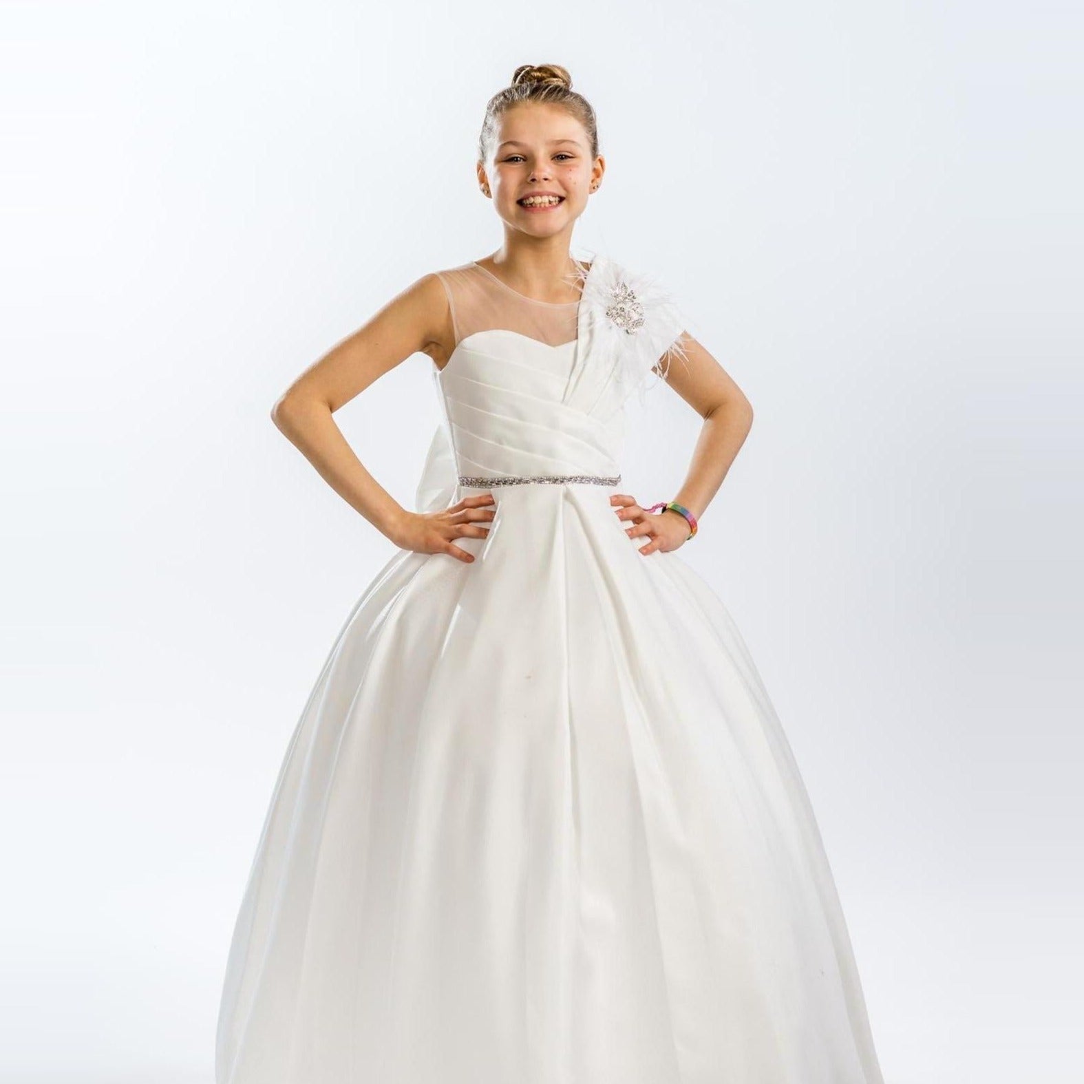 Noble Beauty Girls Formal Dress features a one-shoulder design, a fitted bodice, and a full skirt with a sparkling belt.