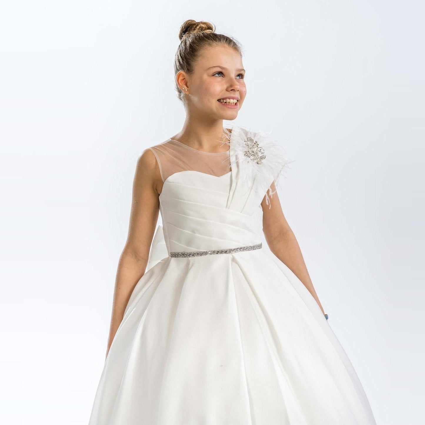 Noble Beauty Girls Formal Dress featuring a white A-line design, one-shoulder detail, and embellished waist.