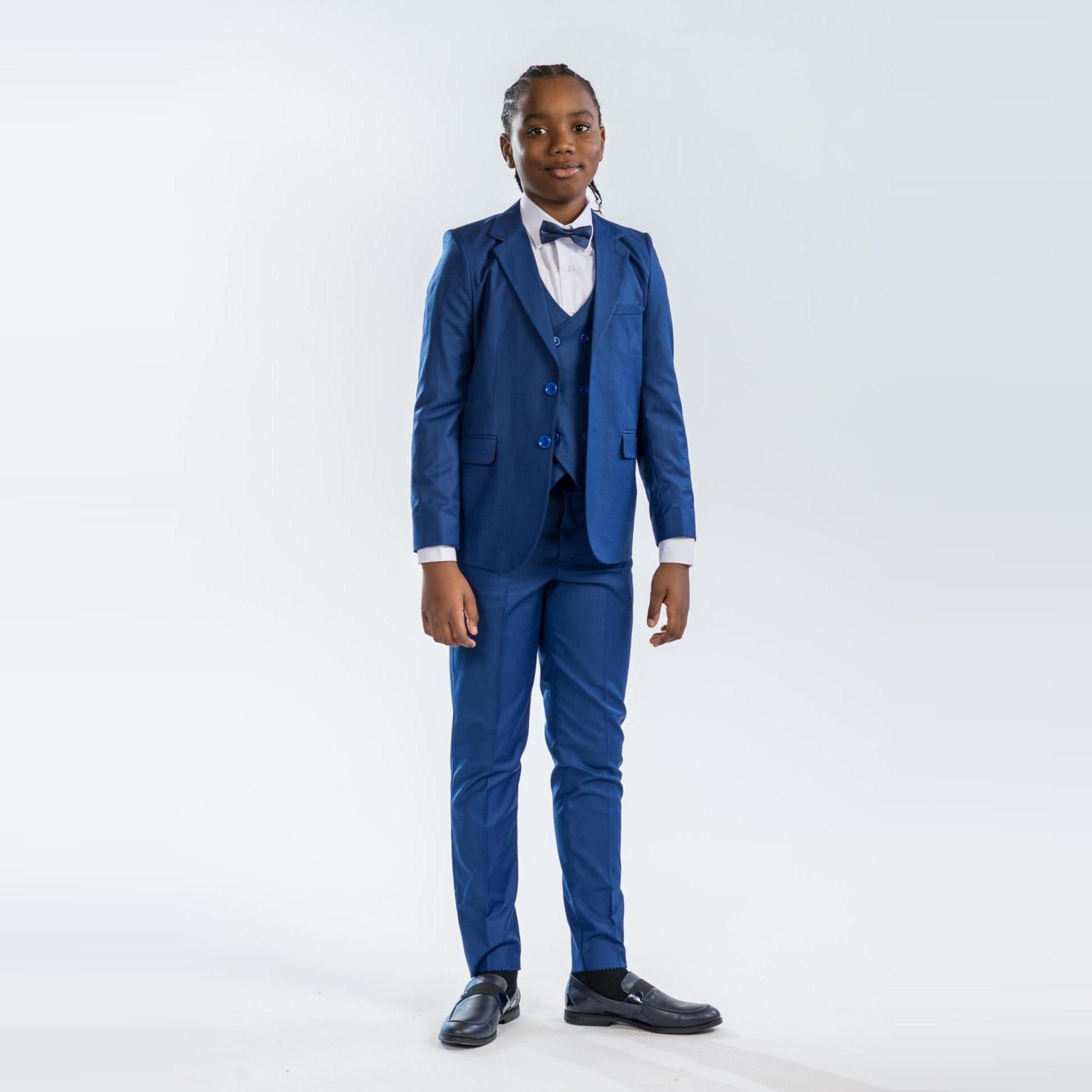 Classic Groom Boys Suits in blue, featuring a tailored jacket, vest, and matching trousers, complemented by a bow tie.