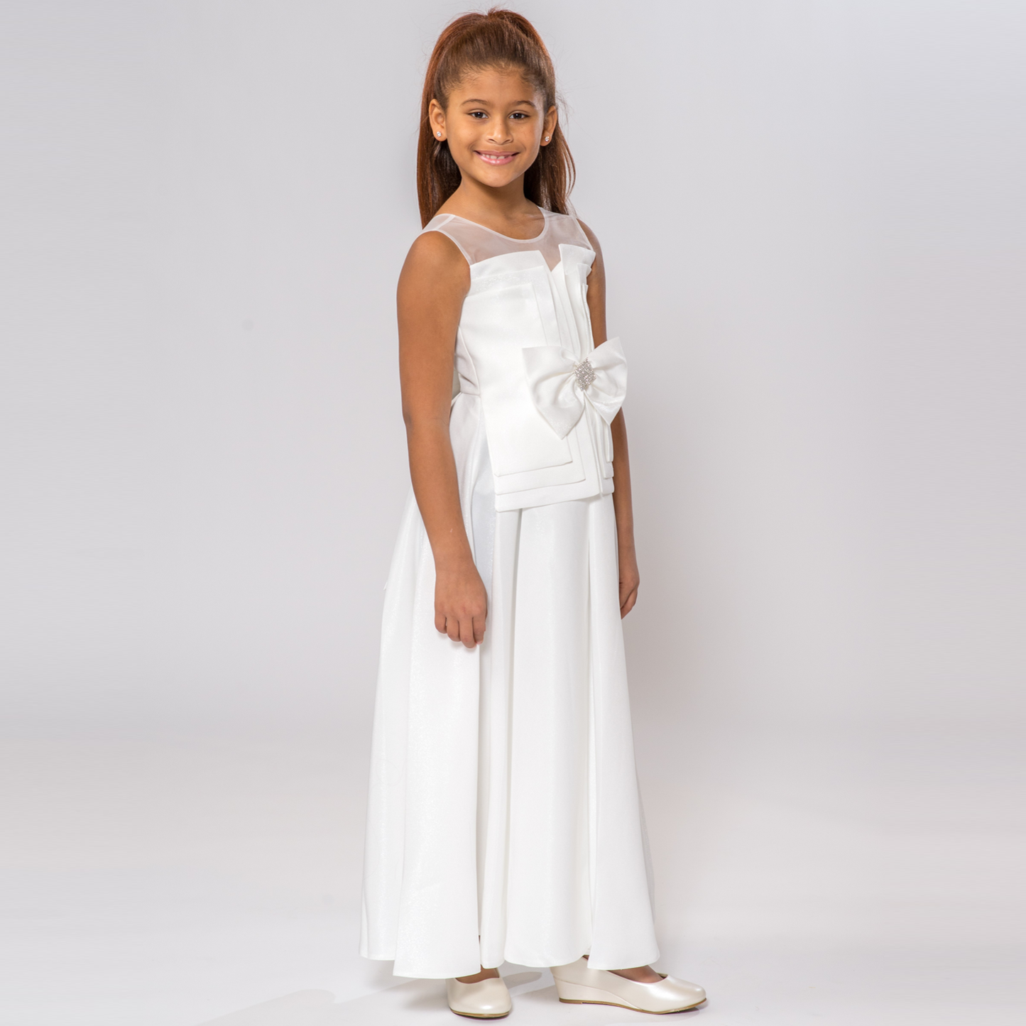 White Splendid Charm A-Line Dress for girls featuring a bow detail at the waist and a flowing skirt.