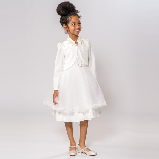 Claudia's Fancy Girl Dress features a white dress with a tulle skirt and a matching bolero jacket, perfect for special occasi