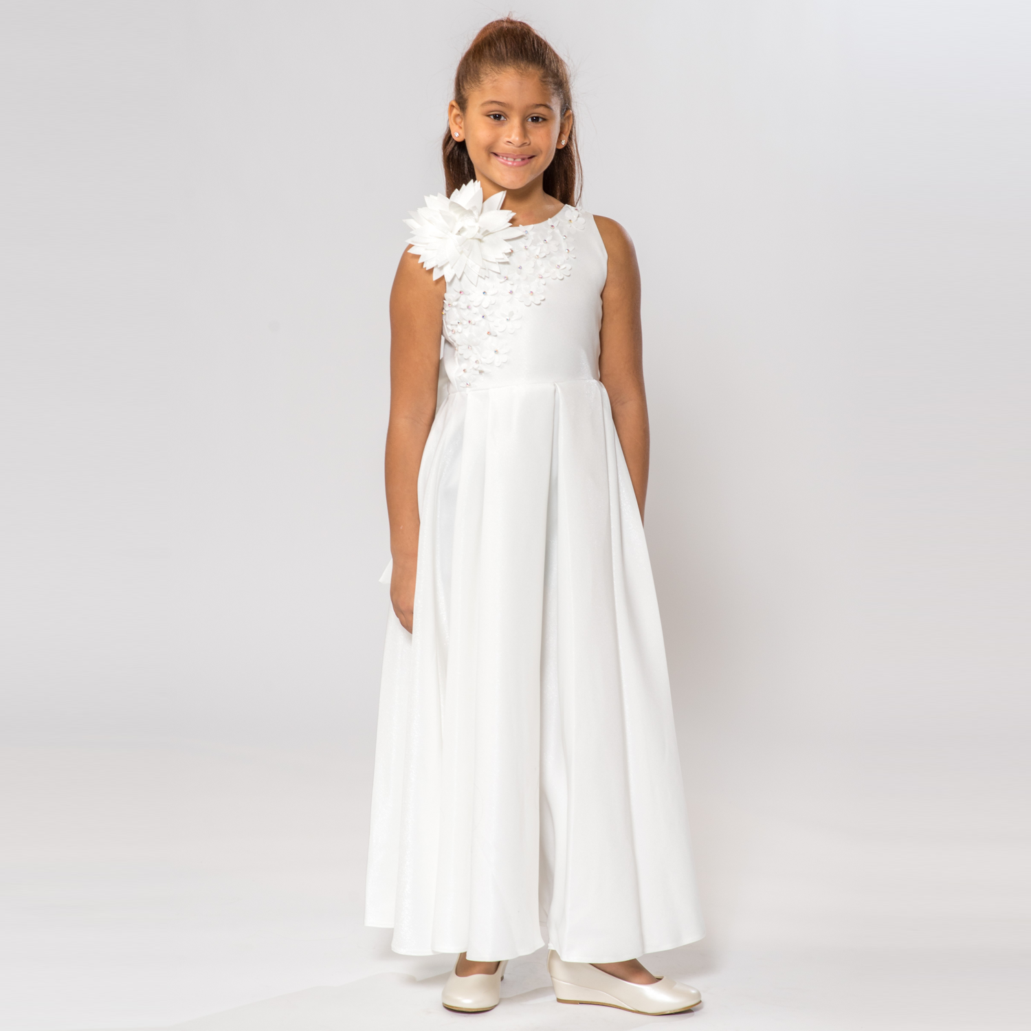 A-line white dress for girls with floral embellishments, featuring a sleeveless design and a flowing skirt.
