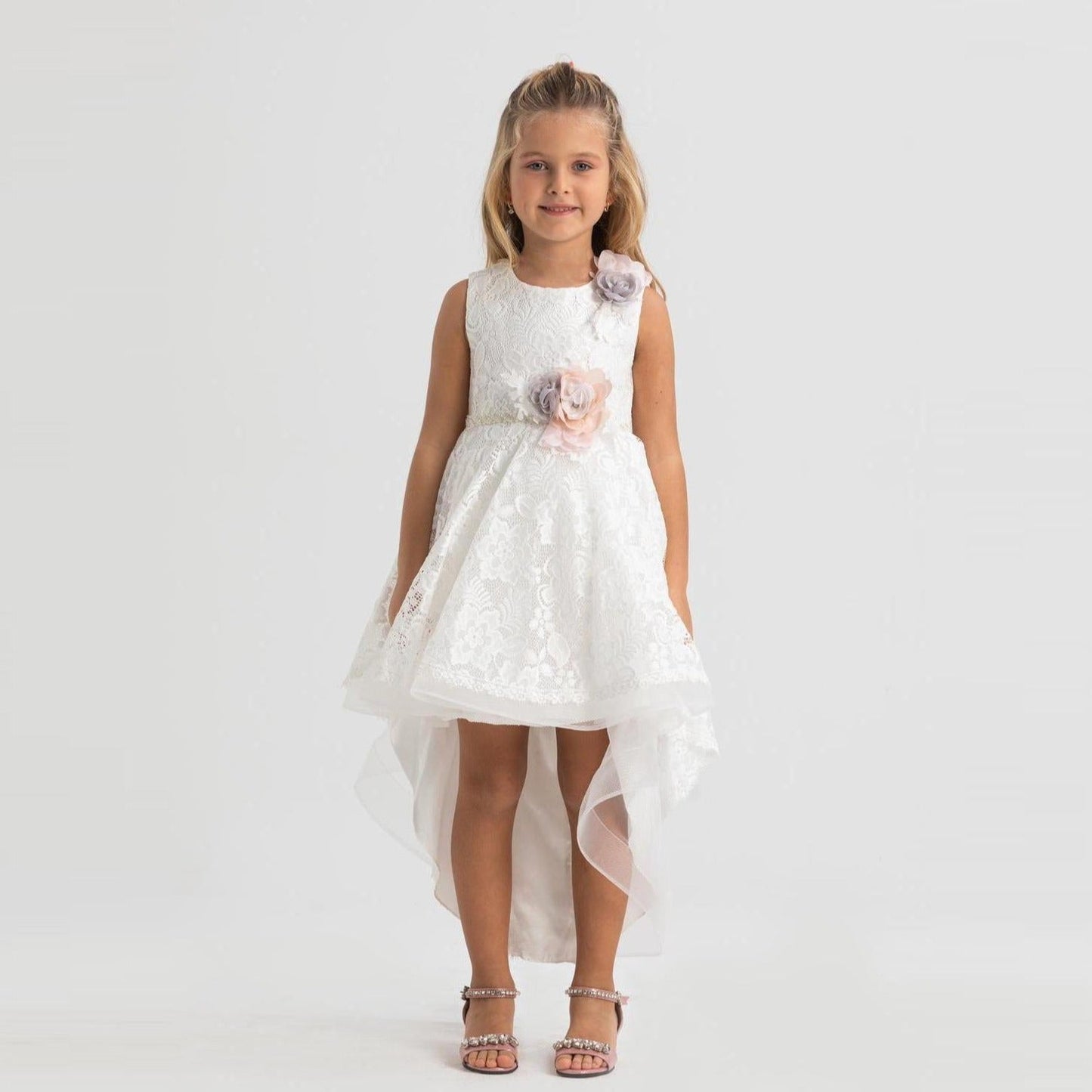Heavenly Harper Girls Formal Dress features a white lace design with a high-low hem and floral accents, perfect for special o