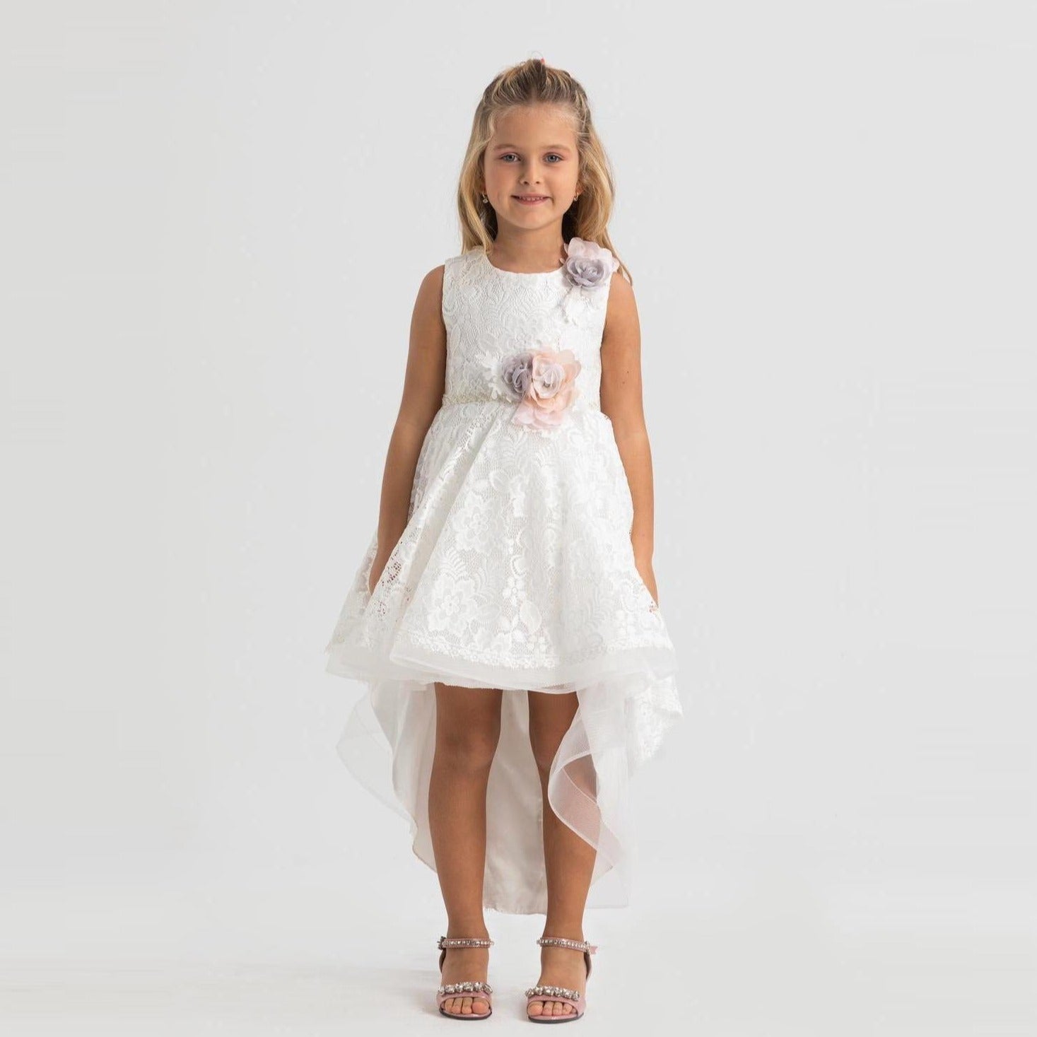 Heavenly Harper Girls Formal Dress features a white lace design with a high-low hem and floral accents, perfect for special o