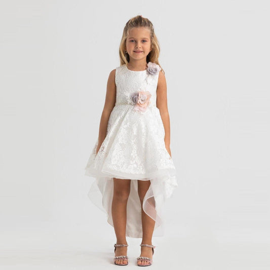 Heavenly Harper Girls Formal Dress features a white lace design with a high-low hem and floral accents, perfect for special o