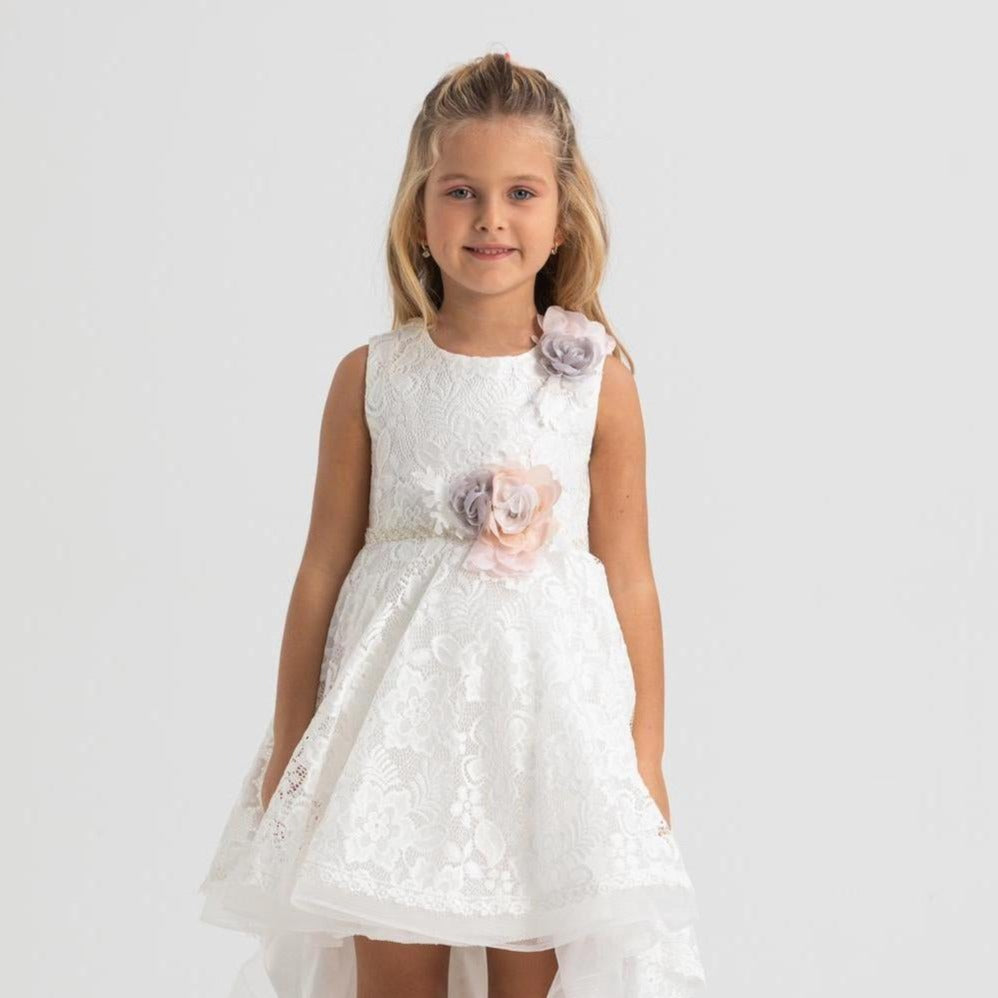 Heavenly Harper Girls Formal Dress featuring a white lace design, sleeveless style, and floral embellishments.