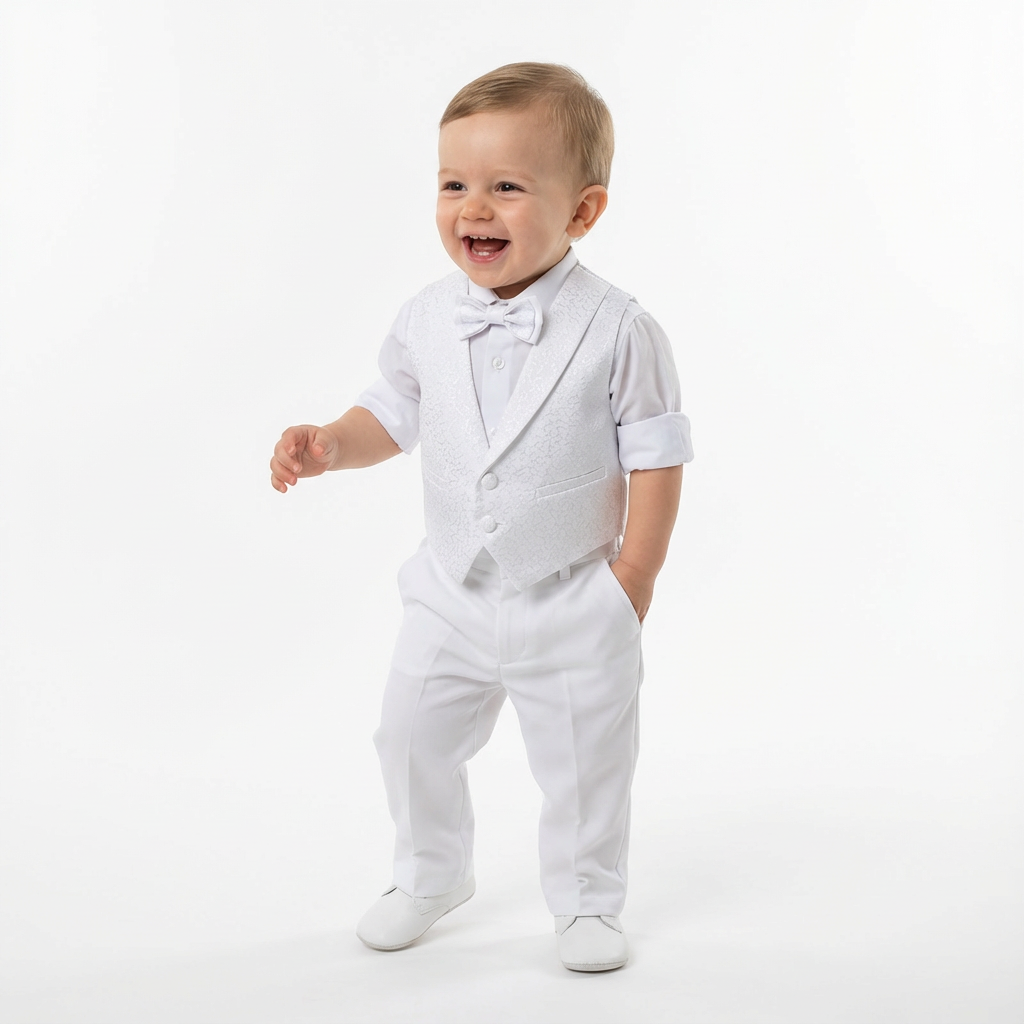 Archie's Penguin Tail Vest Set features a smiling toddler in a white vest, bow tie, and pants, perfect for formal occasions.