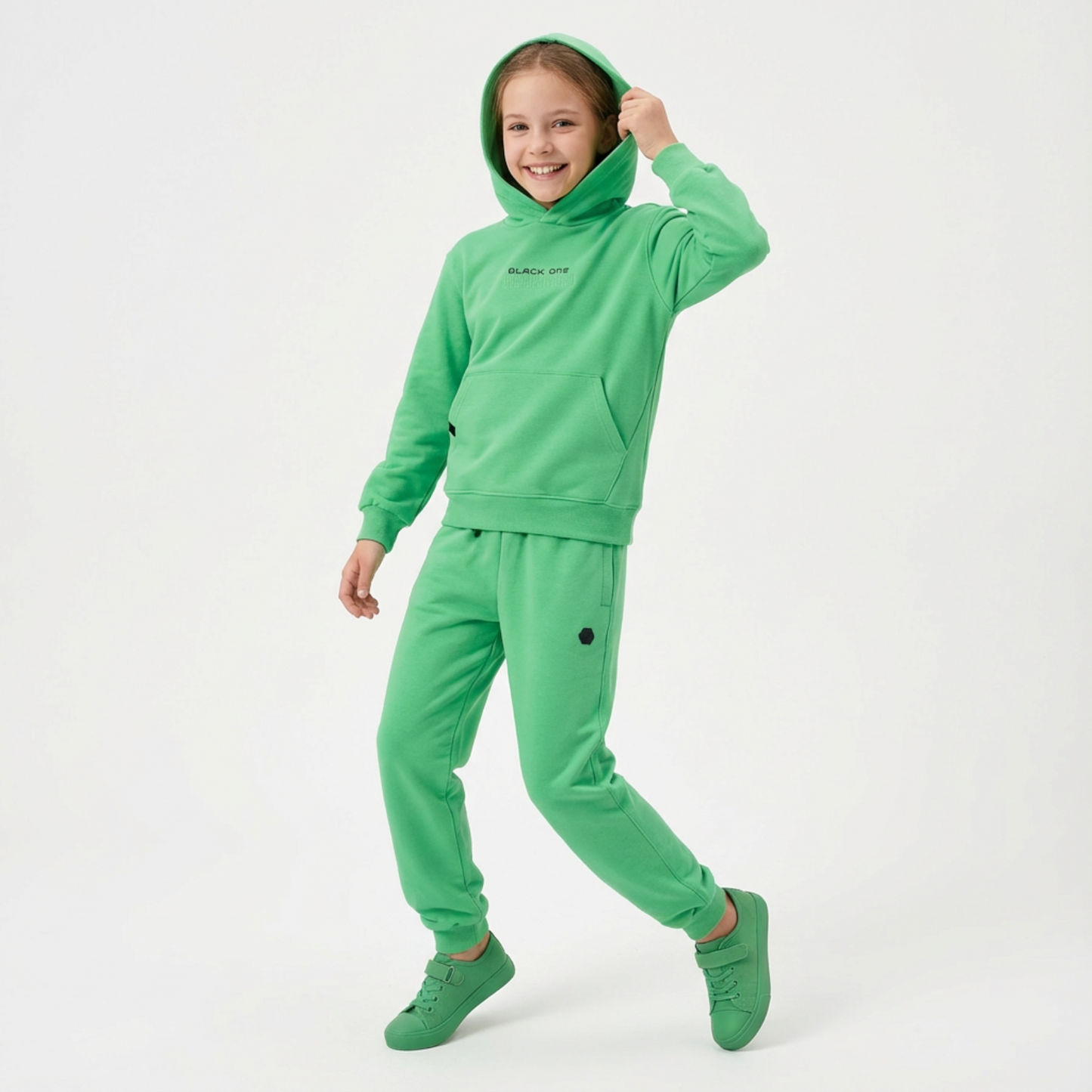 Unisex Classic Hoodie Jogger Set in vibrant green, featuring a hood, front pocket, and matching joggers with a relaxed fit.