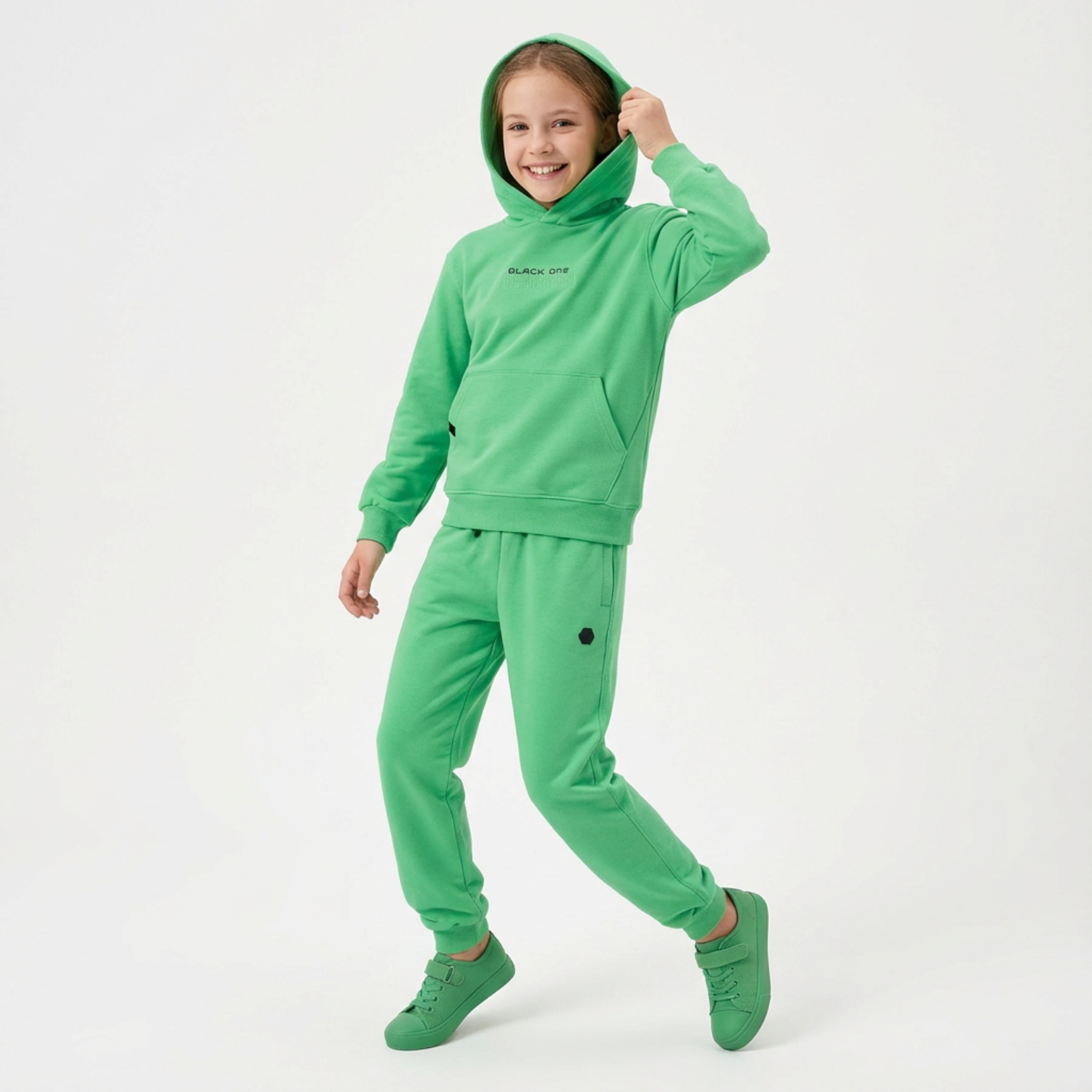 Unisex Classic Hoodie Jogger Set in vibrant green, featuring a hood, front pocket, and matching joggers with a relaxed fit.