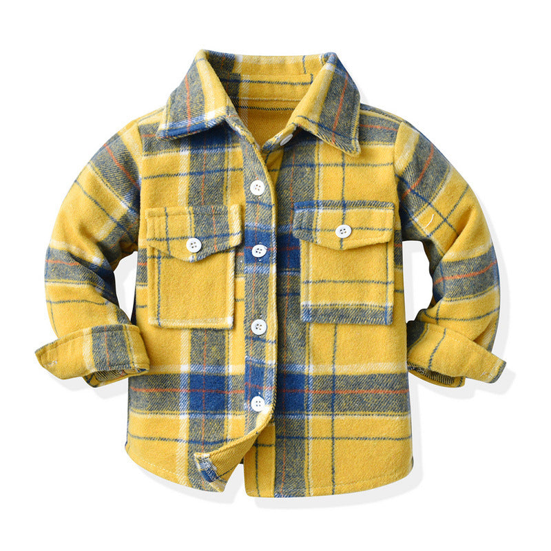 Children's Neutral Plaid Lapel Brushed Long Sleeve Top