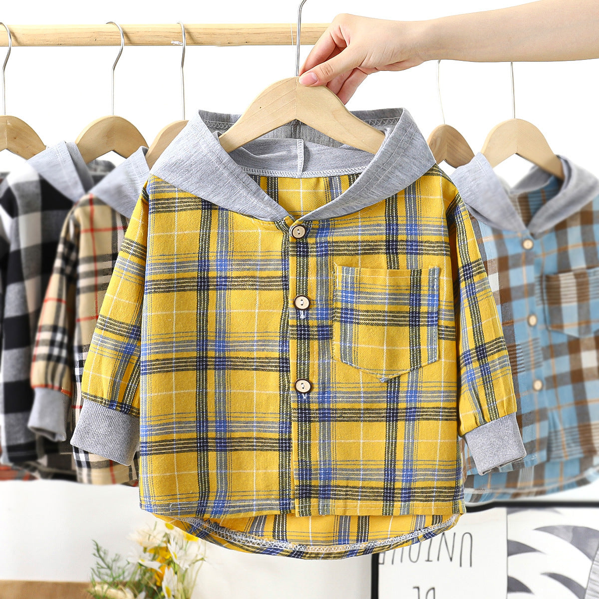 Children's Shirt Boy Hooded Plaid Shirt Baby Girl Long Sleeve Plaid Base Coat Top