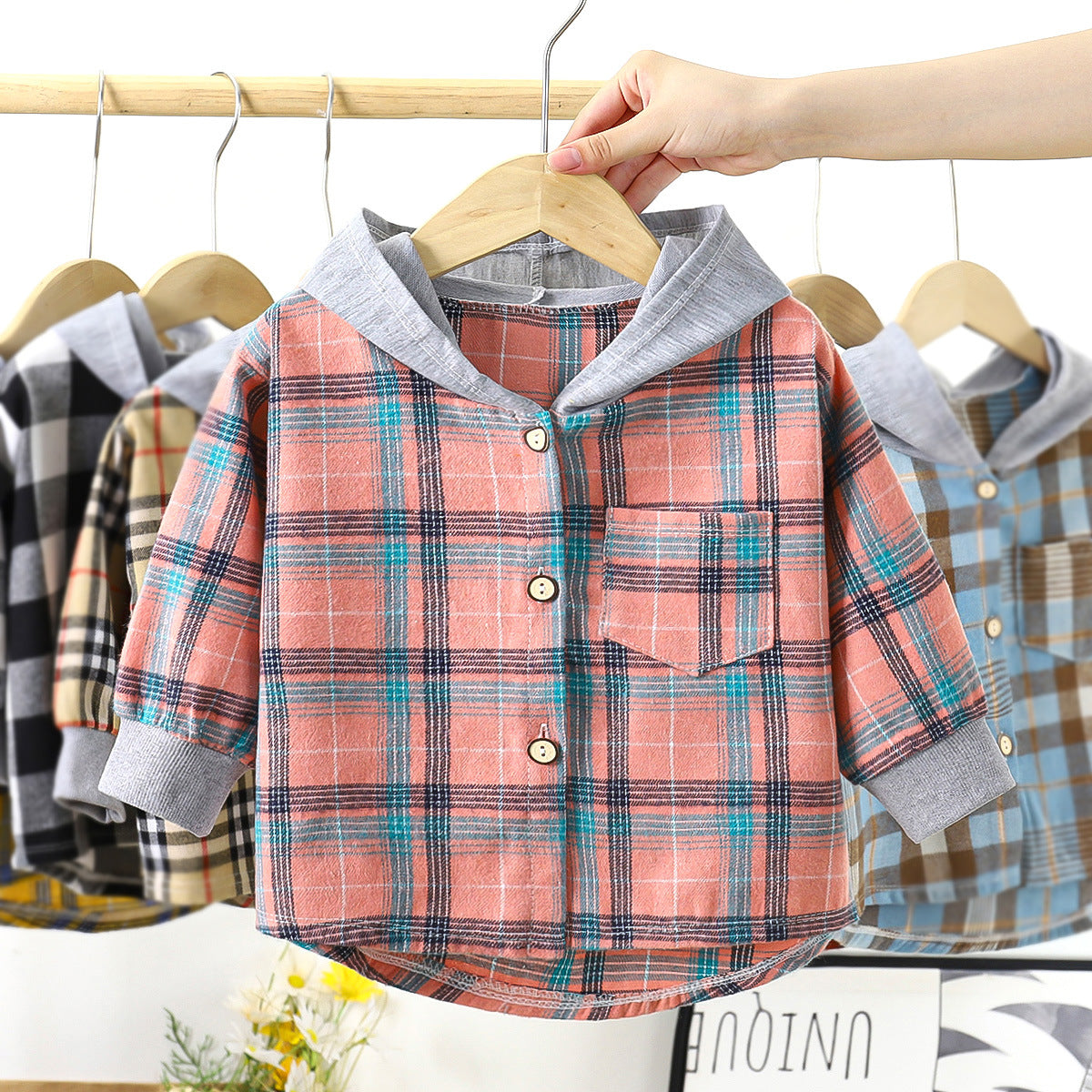 Children's Shirt Boy Hooded Plaid Shirt Baby Girl Long Sleeve Plaid Base Coat Top