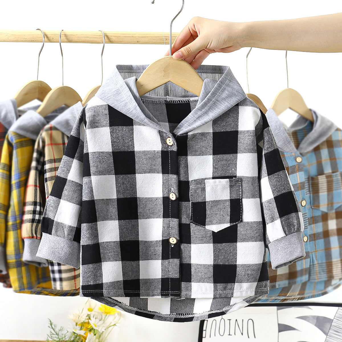 Children's Shirt Boy Hooded Plaid Shirt Baby Girl Long Sleeve Plaid Base Coat Top