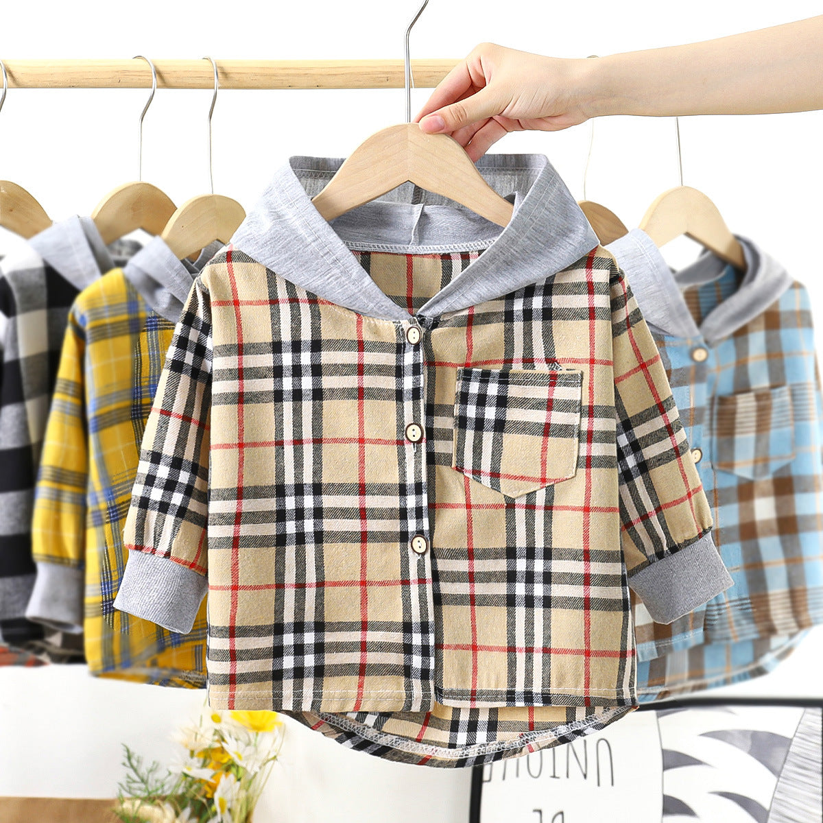 Children's Shirt Boy Hooded Plaid Shirt Baby Girl Long Sleeve Plaid Base Coat Top