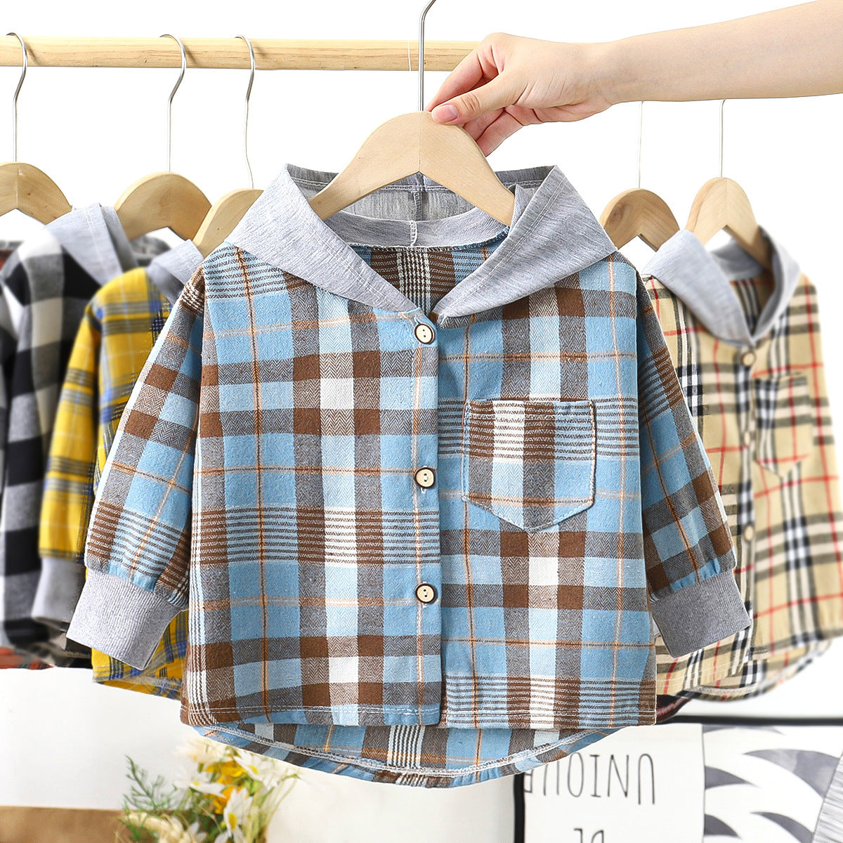 Children's Shirt Boy Hooded Plaid Shirt Baby Girl Long Sleeve Plaid Base Coat Top