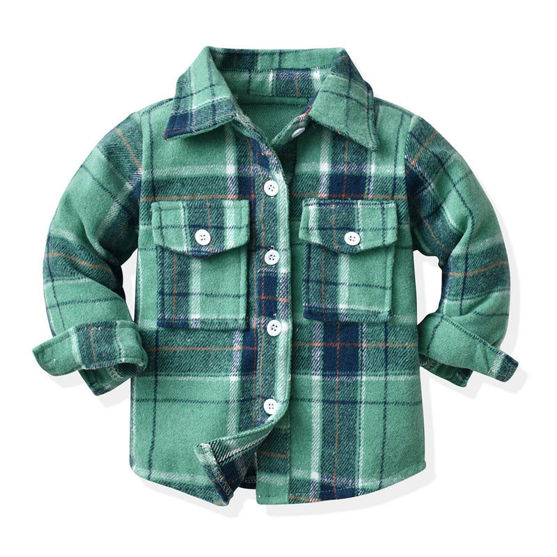 Children's Neutral Plaid Lapel Brushed Long Sleeve Top