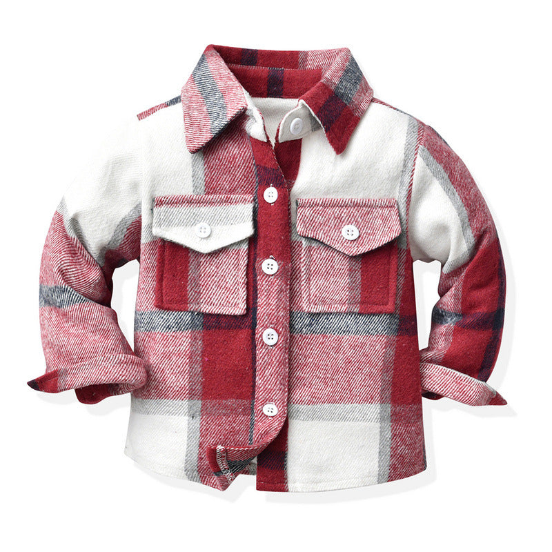 Children's Neutral Plaid Lapel Brushed Long Sleeve Top