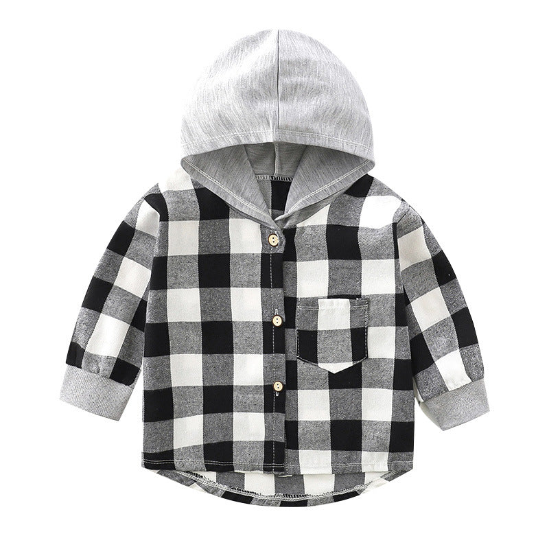 Children's Shirt Boy Hooded Plaid Shirt Baby Girl Long Sleeve Plaid Base Coat Top