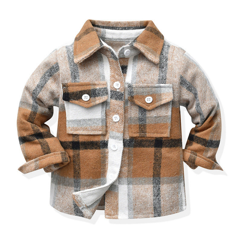 Children's Neutral Plaid Lapel Brushed Long Sleeve Top