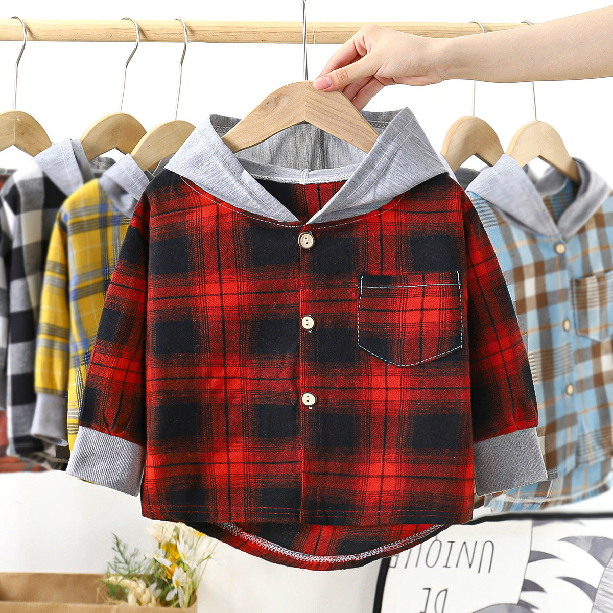 Children's Shirt Boy Hooded Plaid Shirt Baby Girl Long Sleeve Plaid Base Coat Top