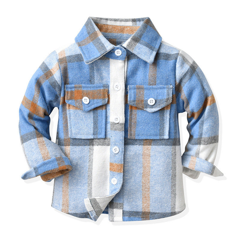 Children's Neutral Plaid Lapel Brushed Long Sleeve Top