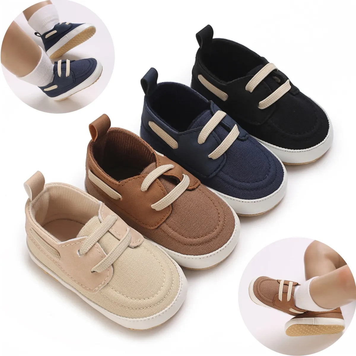 First Steps Shoes for Children in four colors: beige, brown, navy, and black, featuring a slip-on design with elastic laces.