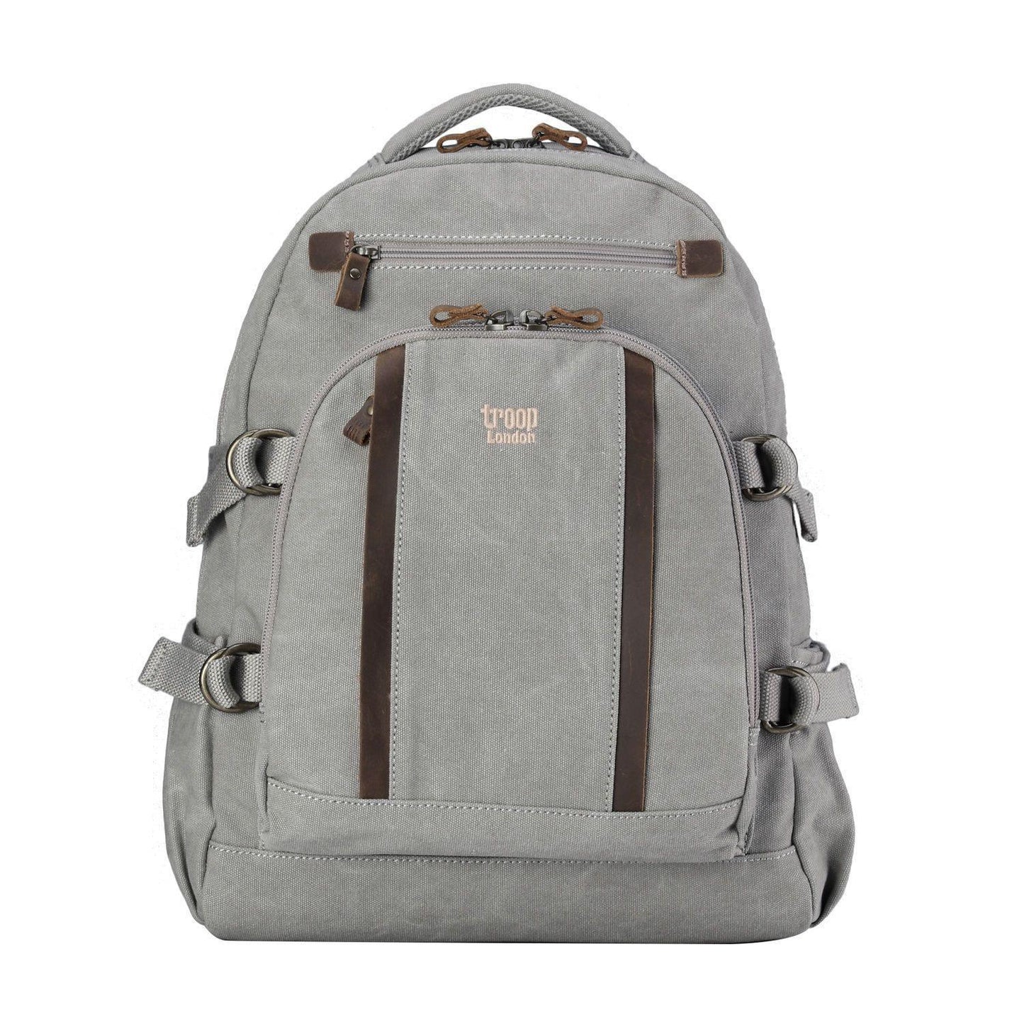 Large Canvas Laptop Backpack 15.5 Inch in grey with brown accents, featuring multiple compartments and adjustable straps.