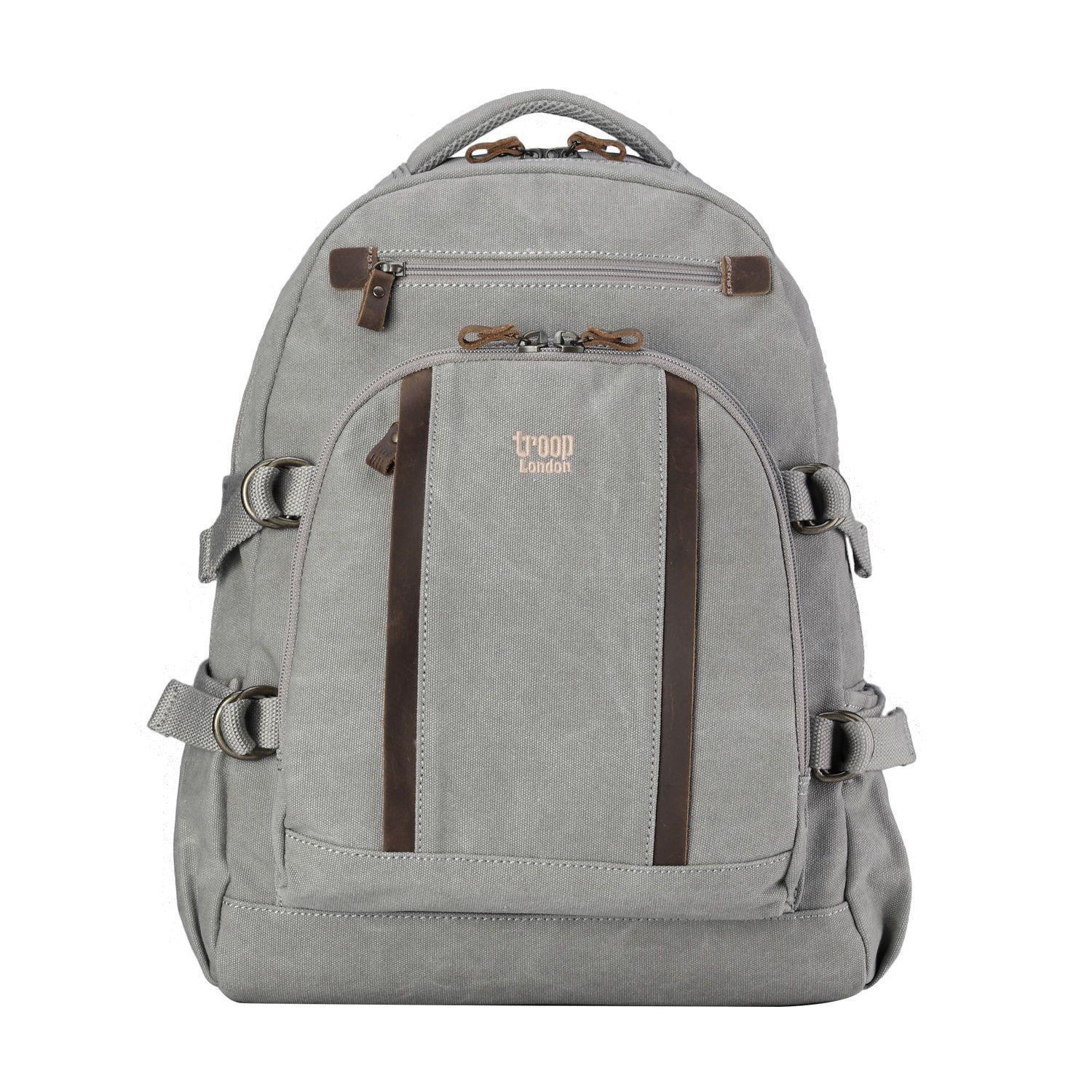 Large Canvas Laptop Backpack 15.5 Inch in grey with brown accents, featuring multiple compartments and adjustable straps.