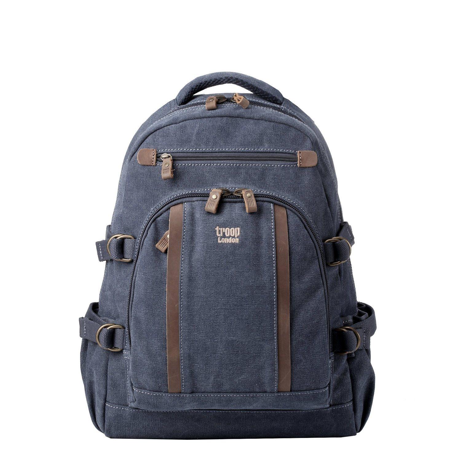 Large Canvas Laptop Backpack 15.5 Inch in navy blue with brown accents, featuring multiple zippered pockets and adjustable st