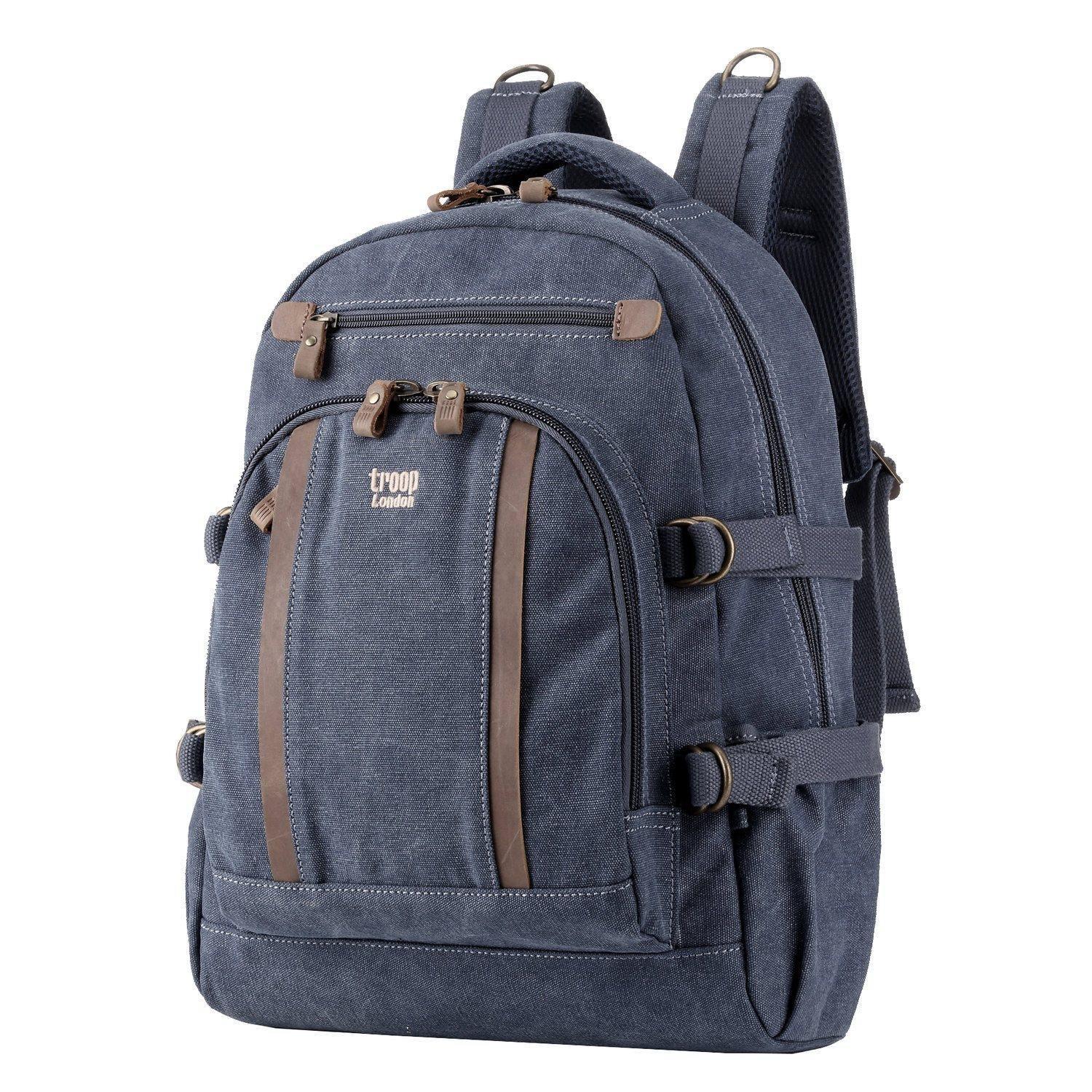 Large Canvas Laptop Backpack 15.5 Inch in navy blue with brown accents, featuring multiple pockets and adjustable straps.