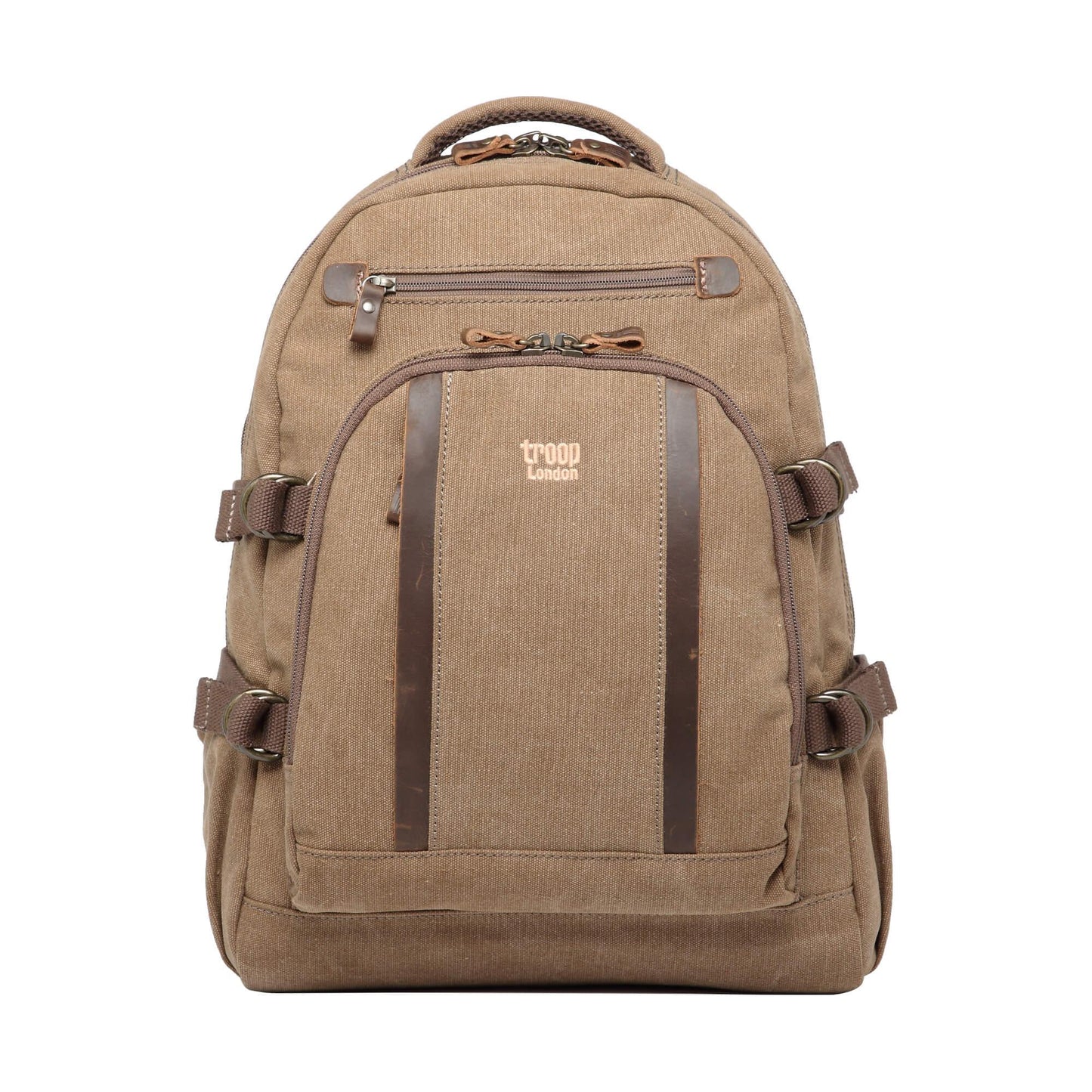 Large Canvas Laptop Backpack 15.5 Inch in brown with adjustable straps, front zip pocket, and logo detail.