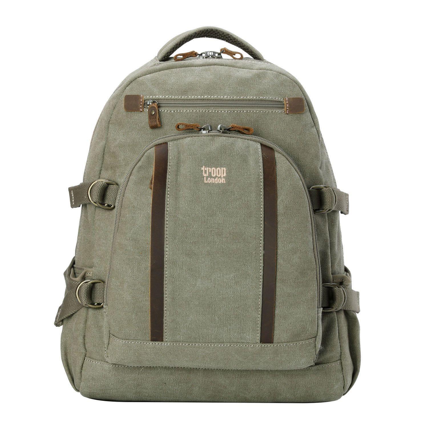 Large Canvas Laptop Backpack 15.5 Inch in olive green with brown accents, featuring adjustable straps and multiple compartmen