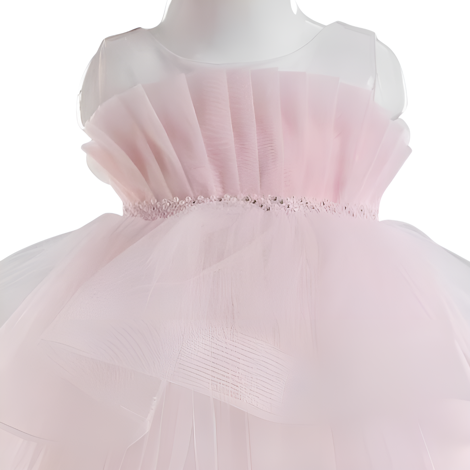 Blossom Baby Girls Formal Dress featuring a pink tulle design with a ruffled bodice and embellished waistline.