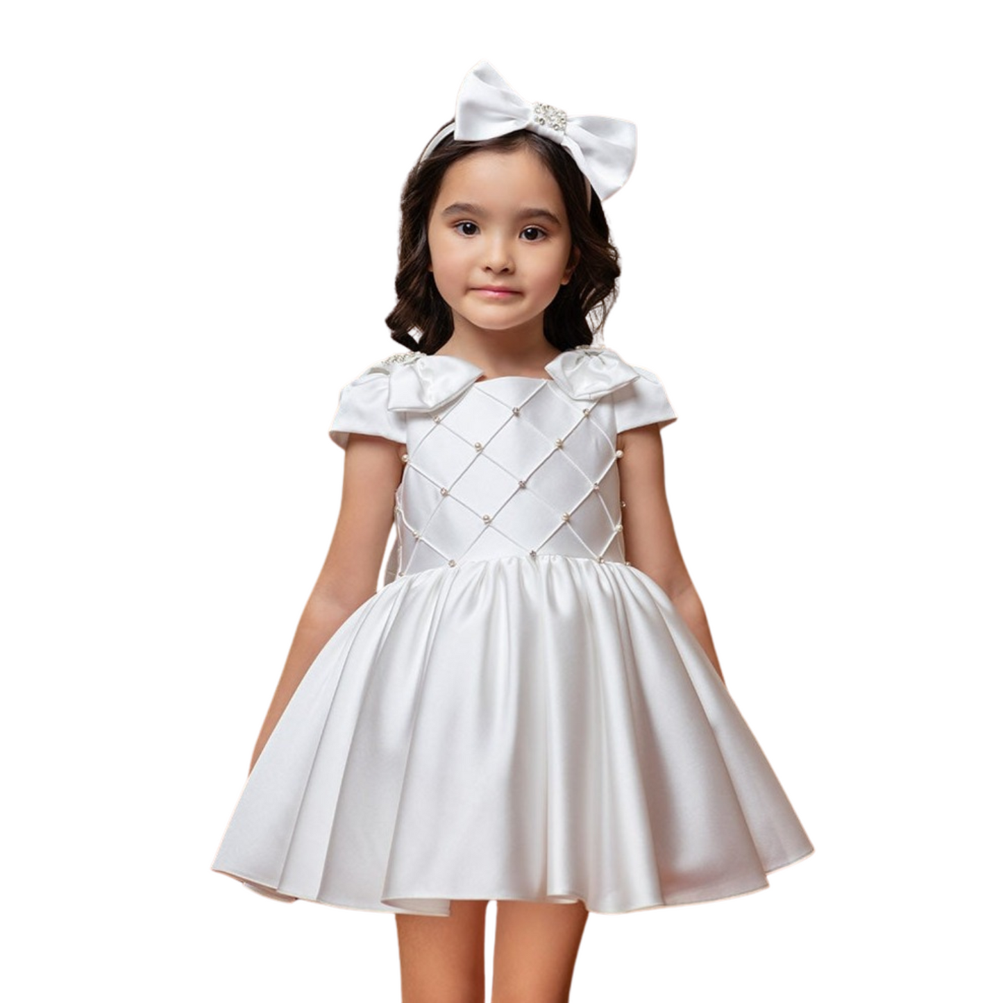 White Lady of Norway Girls Formal Dress with short sleeves, decorative bows, and a flared skirt, paired with a matching bow h