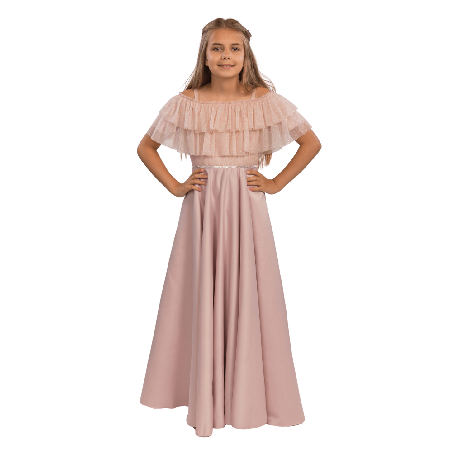 Emily's Gown Girls Formal Dress features a pink long skirt with a layered ruffle off-the-shoulder bodice. Perfect for special