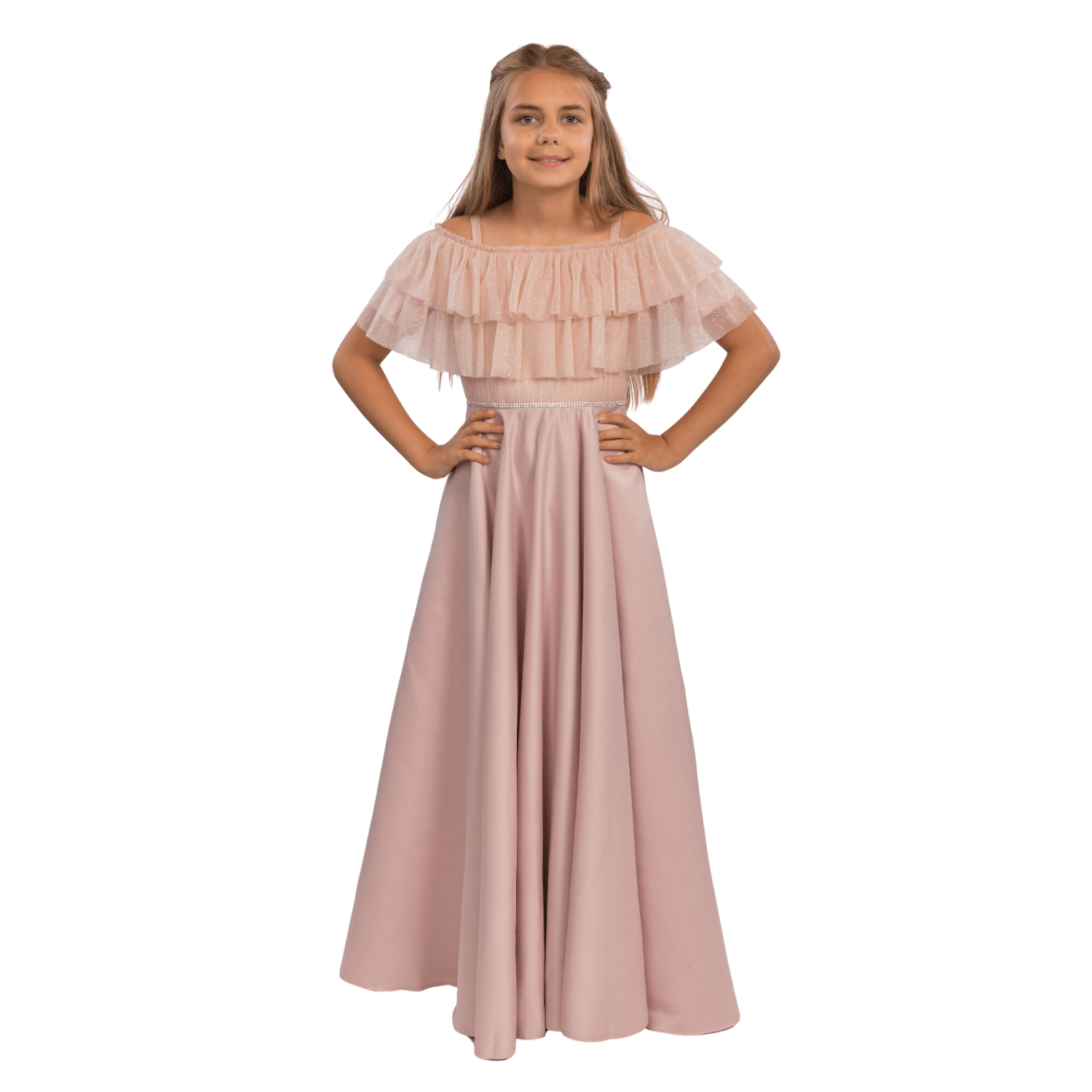 Emily's Gown Girls Formal Dress features a pink long skirt with a layered ruffle off-the-shoulder bodice. Perfect for special