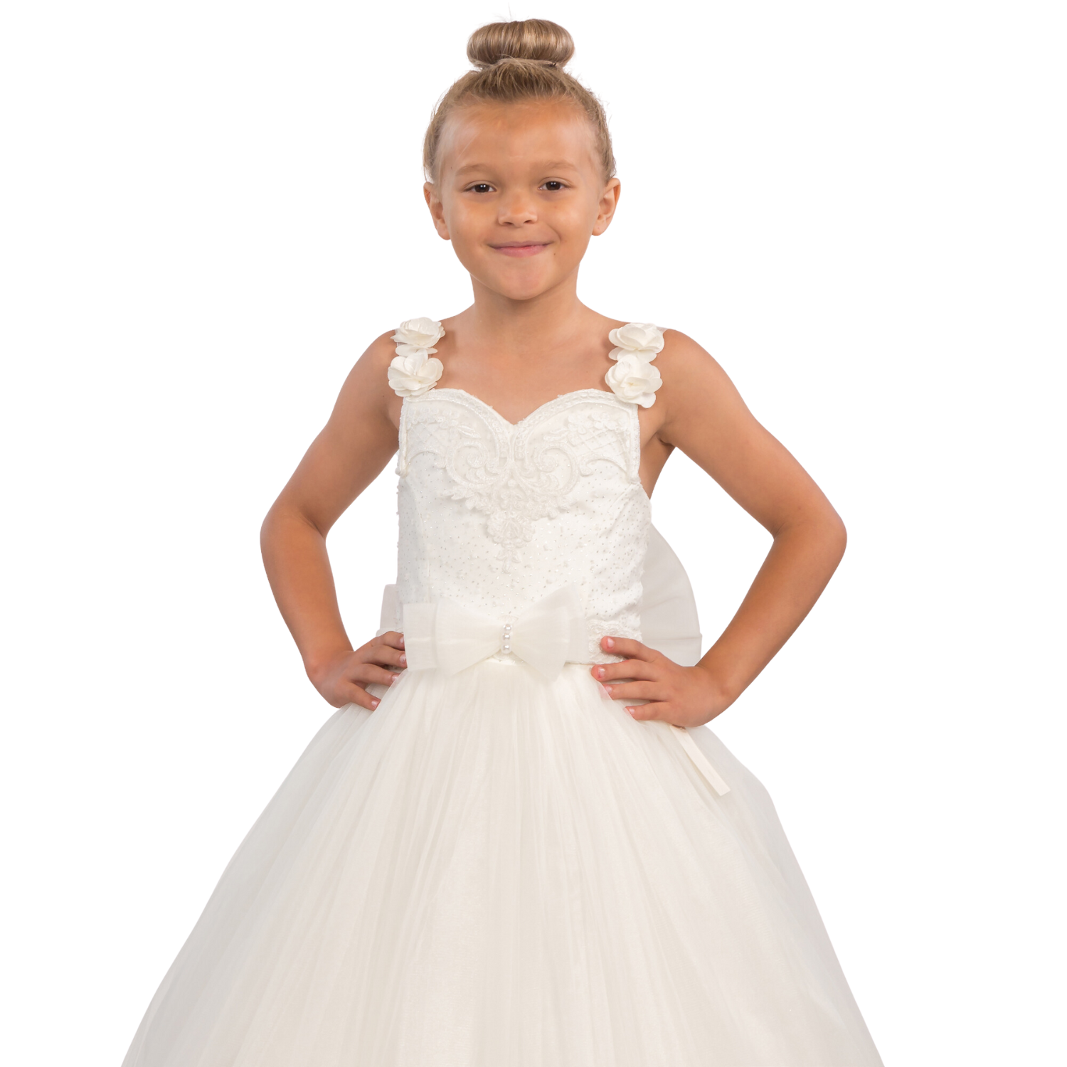 Bianca Princess Girls Formal Dress features a white tulle skirt, embellished bodice, and floral straps, perfect for special o