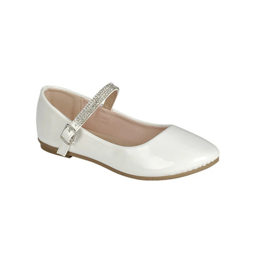 White Sally Girl Ballerina Shoes with a shiny finish and a decorative strap featuring rhinestones.