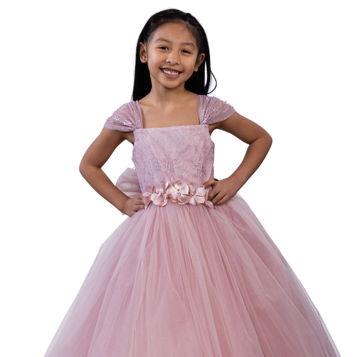 The Loveable Princess Girls Formal Dress features a pink tulle skirt, lace bodice, and floral belt, perfect for special occas