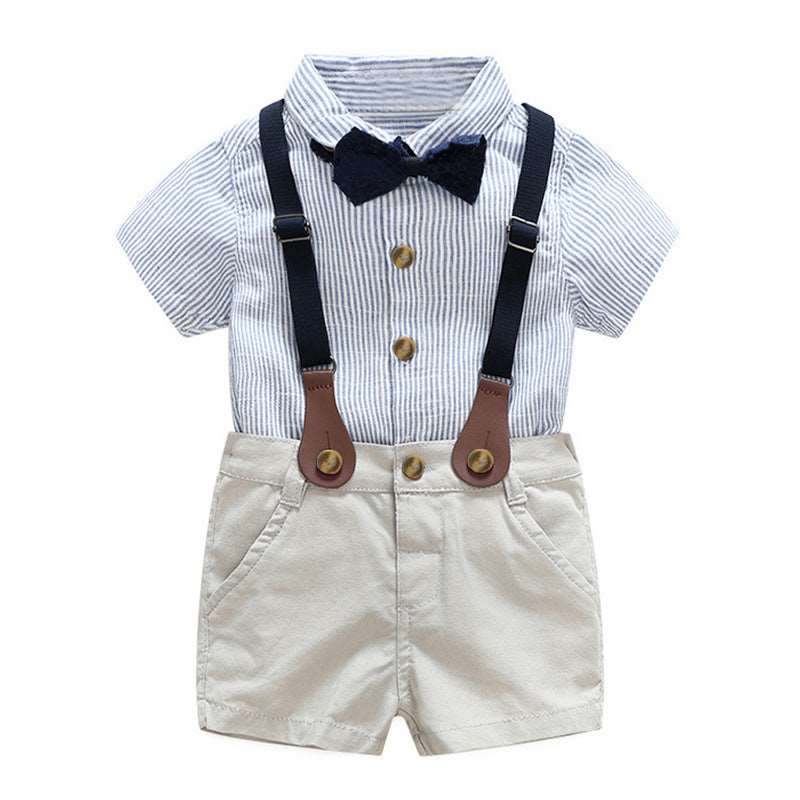 Boys' Short Sleeve Striped Shirt And Bib Two Piece Set