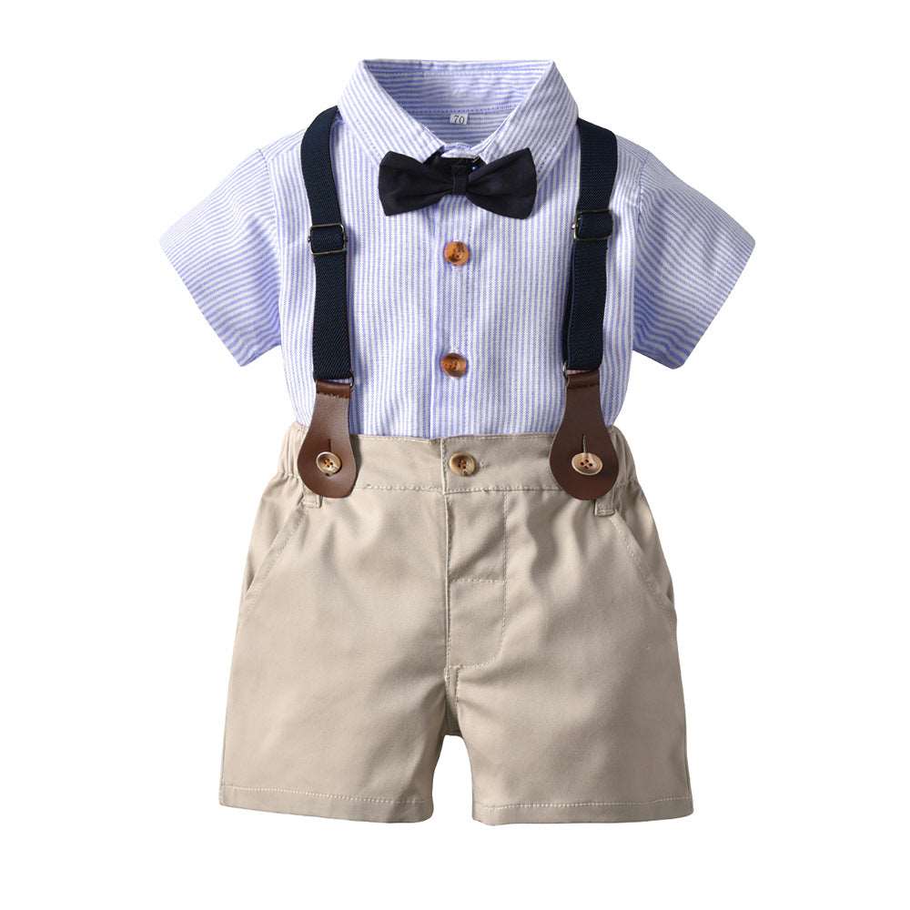 Boys' Short Sleeve Striped Shirt And Bib Two Piece Set