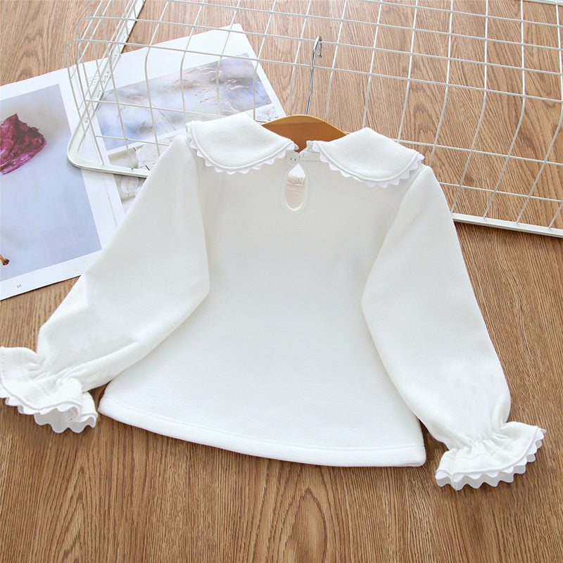 Baby Fleece-lined Long-sleeved Bottoming Shirt Lace Doll Collar Beige T-shirt Autumn And Winter