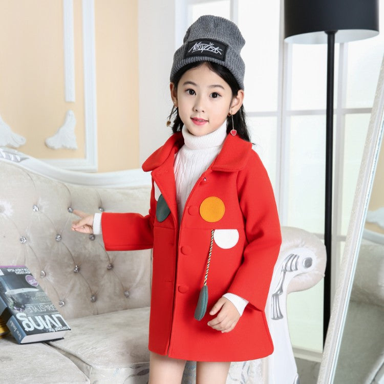 Girls Padded Lapel Color Matching Polka Dot Woolen Coat - Tokcobstore