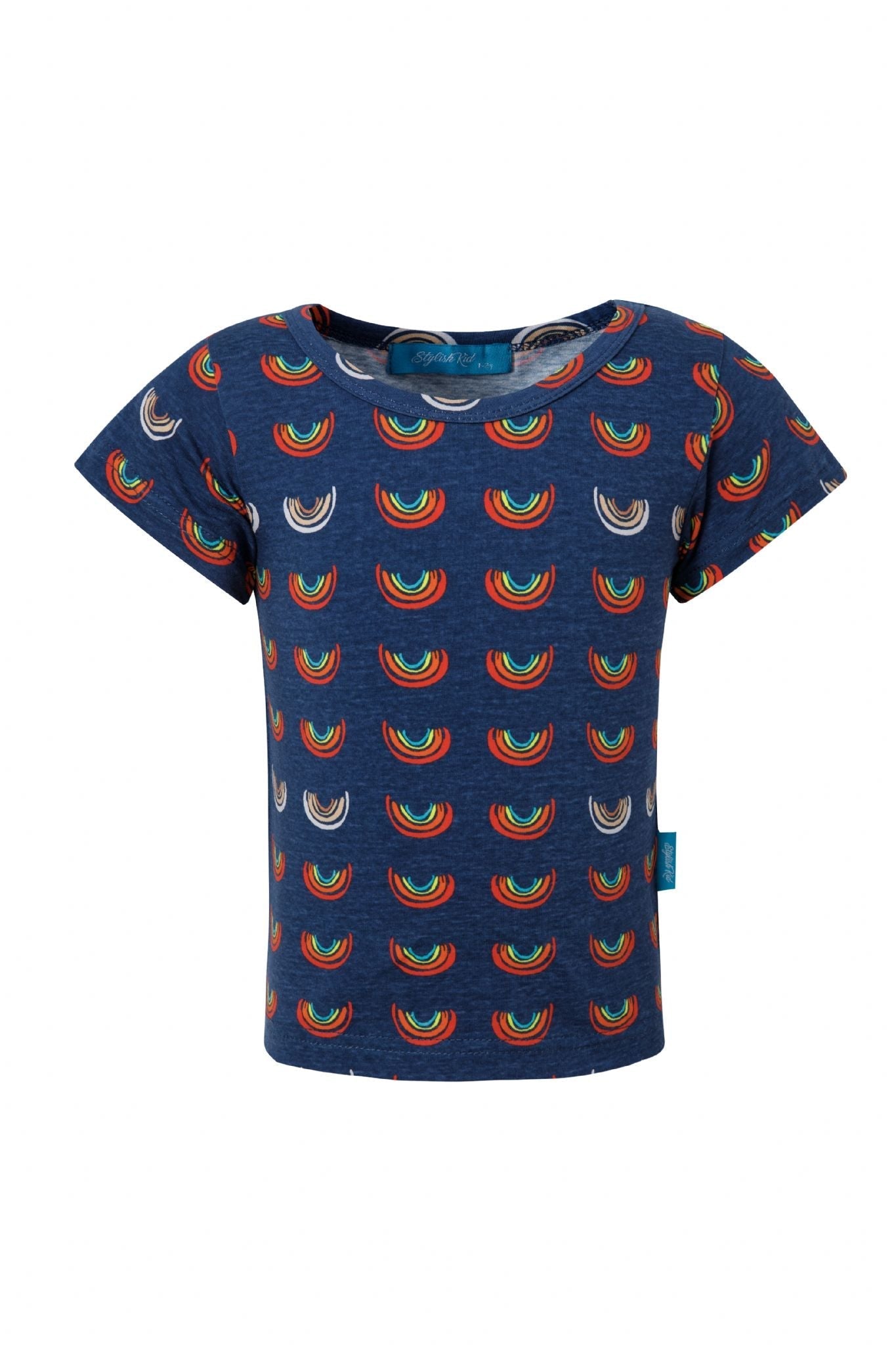 Boob Over the Rainbow Kids top featuring a navy blue fabric with colorful rainbow patterns throughout.