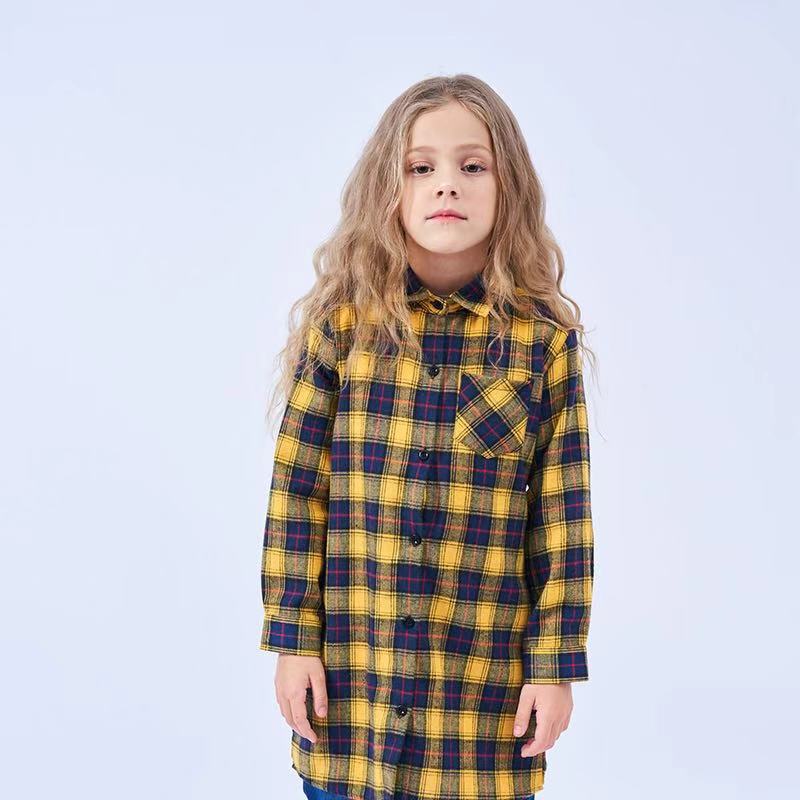 Mid-length Girls Plaid Shirt Long-sleeved Brushed